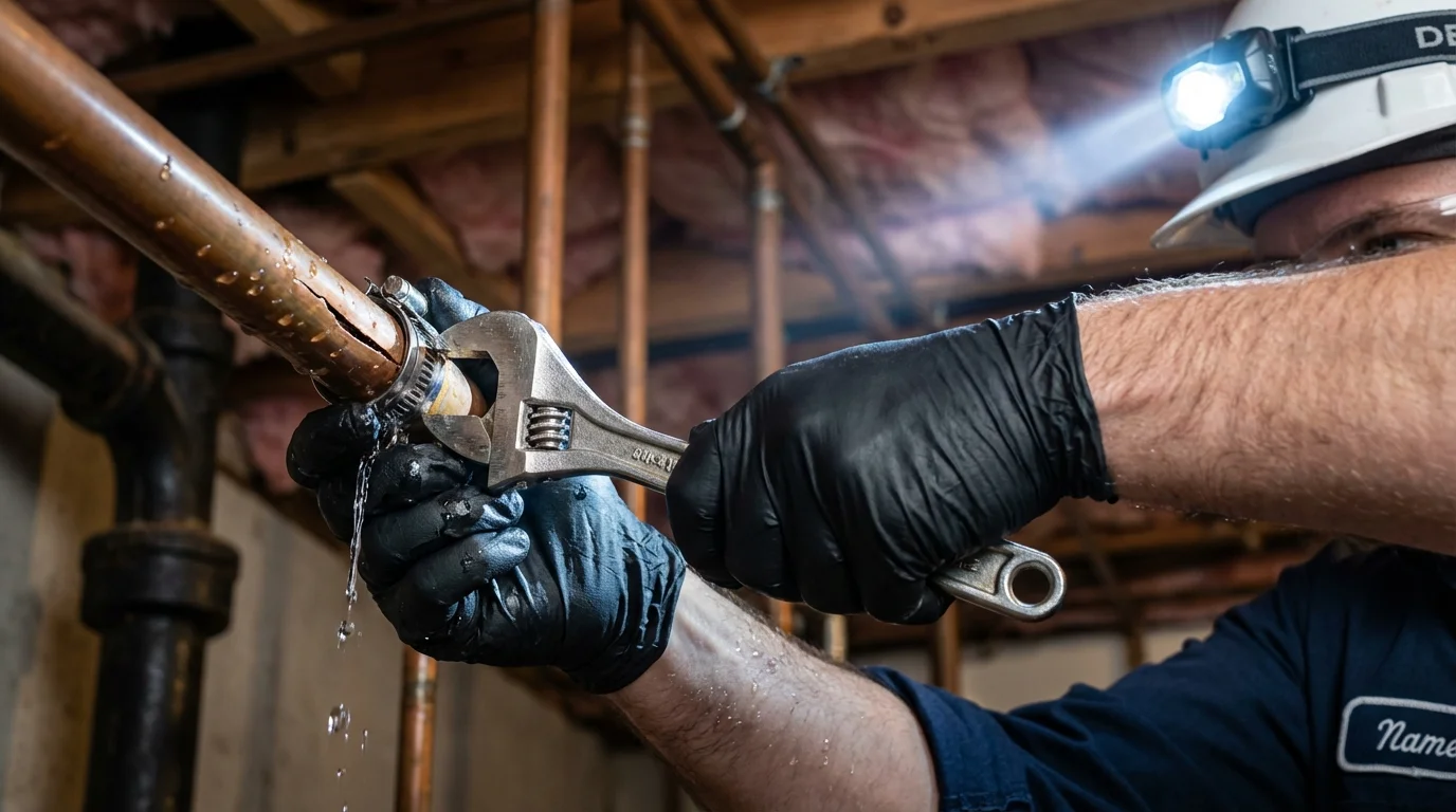 Emergency pipe clamp repair being performed by a Johns Plumbing LLC plumber in Coleraine