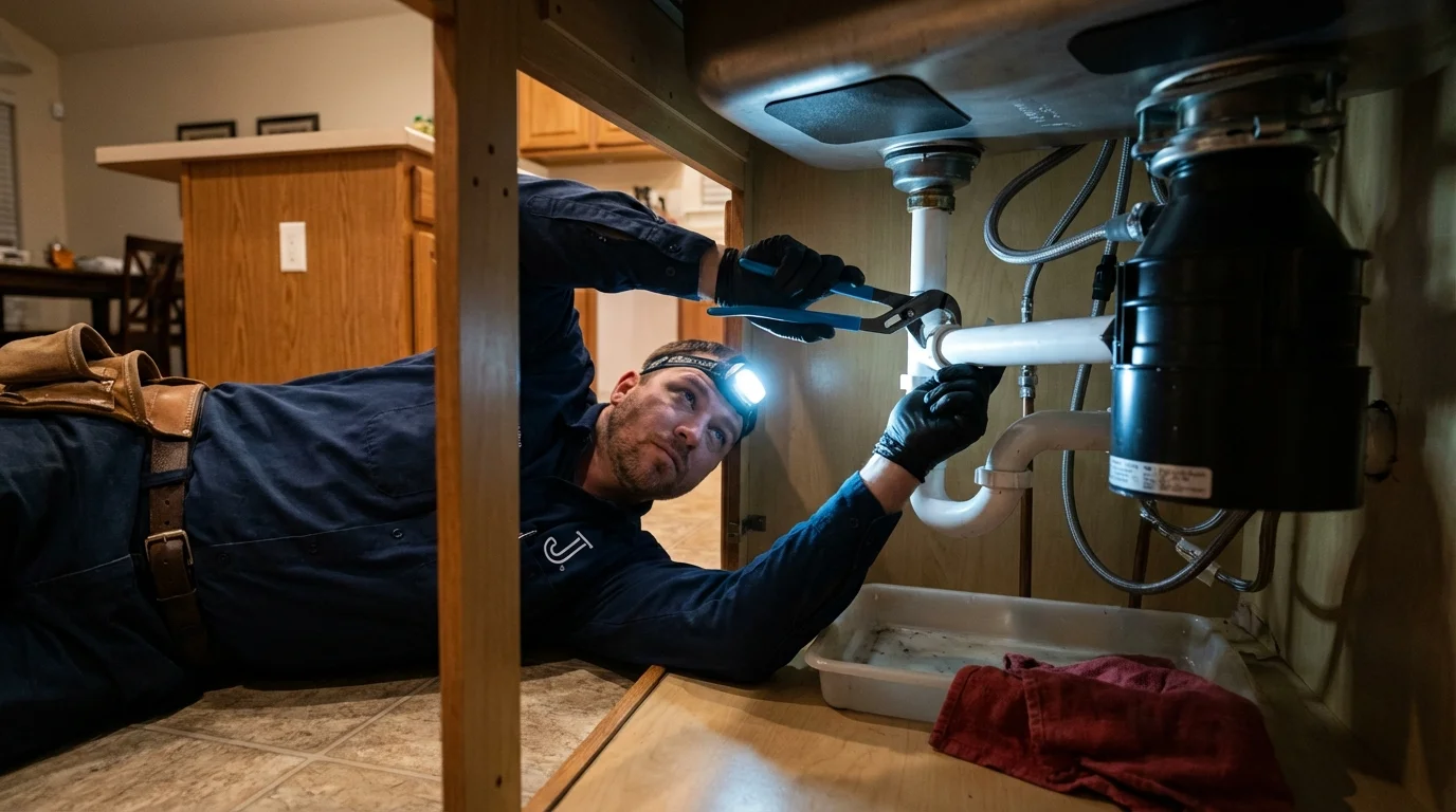 P-trap and supply line connections under a kitchen sink showing a common leak point in Coleraine, MN